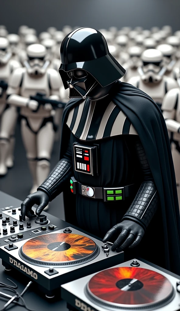 darth vader Djing on Technics record player turntables with starwars picture disc records being played on the technics Sl1210s and a old school 2 channel dj mixer in between lines of marching stormtroopers
