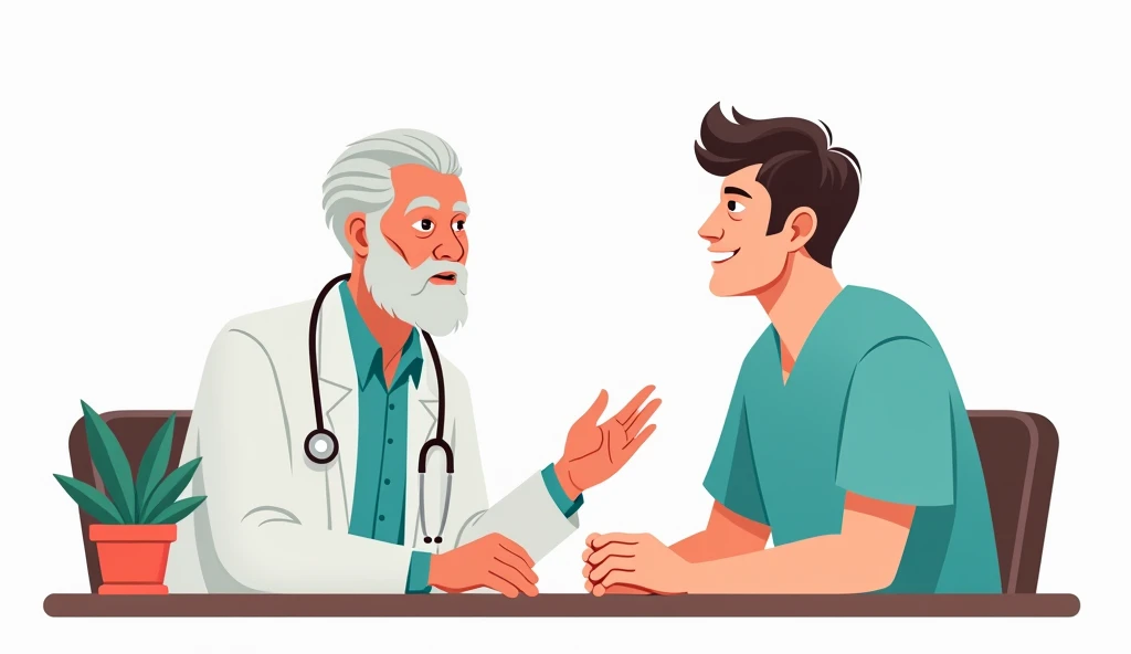 Minimalist UI illustration of An old doctor sat talking to a 30 years old male student in hospital office,  in a flat illustration style on a white background with bright color scheme, dribbble, flat vector