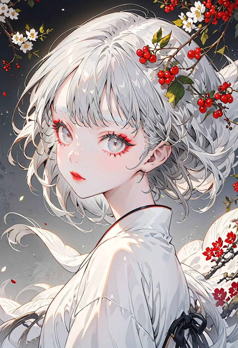 background is kyoto(Highest quality,Very detailed,High resolution:1.2),Slim albino girl,Gray-haired berry shorthair,gray bangs,very_long white eyelashes, White eyebrows, White skin,Detailed lips, Cool look, Soft Skin, Shiny Hair,Exquisite makeup,Focus on the face