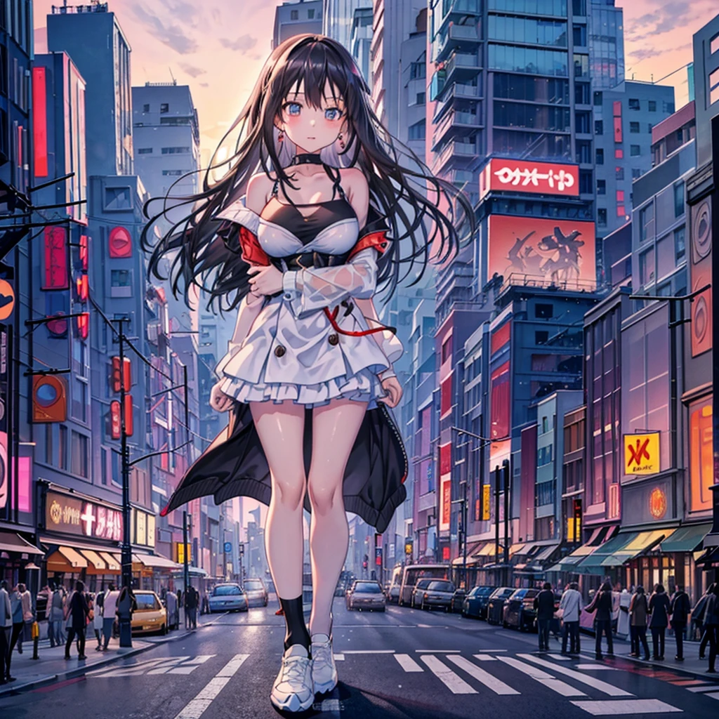 Composition viewed from below ((evening)) ((sunset)) ((sunset)) cumulonimbus masterpiece Anime Style Delicate painting 4K 90's giant plural crowd ((Black Hair)) Metropolis crowd Crowd of people ((A giant Shibuya Rin standing in the valley of a skyscraper district)) Metropolis Tokyo Akihabara Electric Town Big Breasts Sweating profusely Splash sneakers White socks watch Black Hair smile female giant giant girl Whole body Crowd Unreal Engine,cleavage ,a drawing of a , earrings, long hair,Cute picture Beauty Analog style whole body sneakers