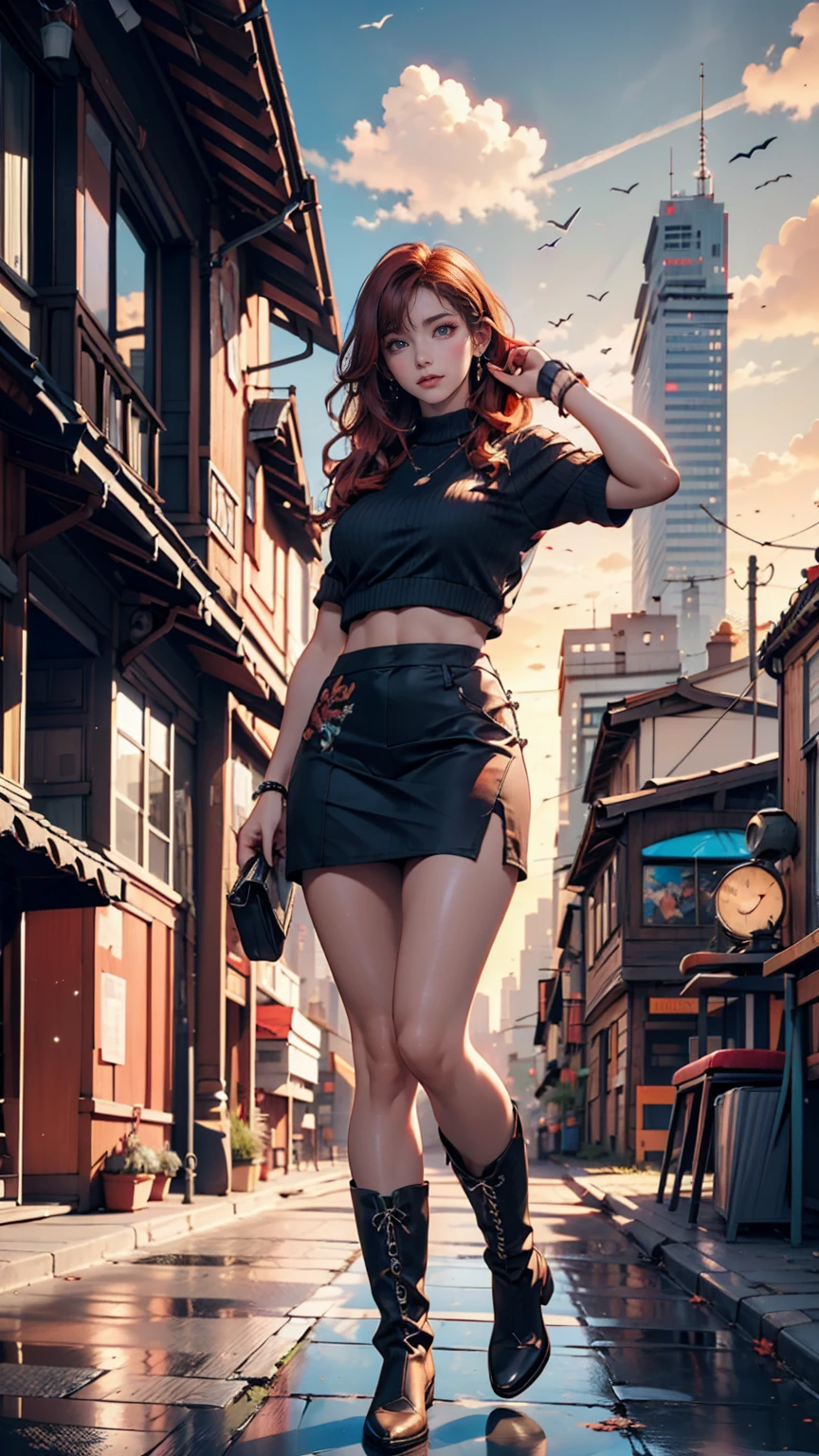 ((Best illustrations)) Brazilian, Redhead, Teenage body, Black Top, Black tight skirt, Black boots, Cityscape, building, Skyline, sunset, Silhouette reflected in the clouds, Contemplative.