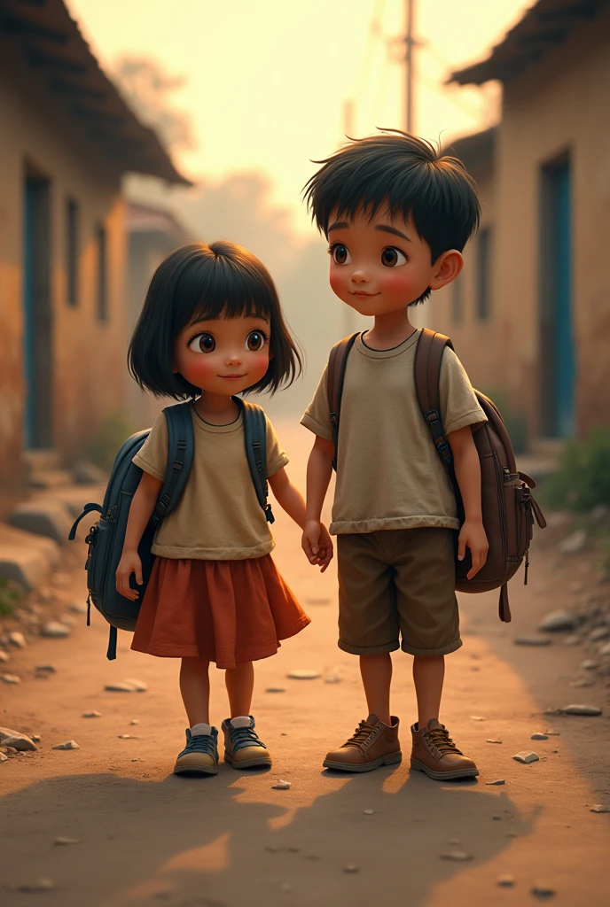 A small boy and girl with school bag
In poor village in evening time