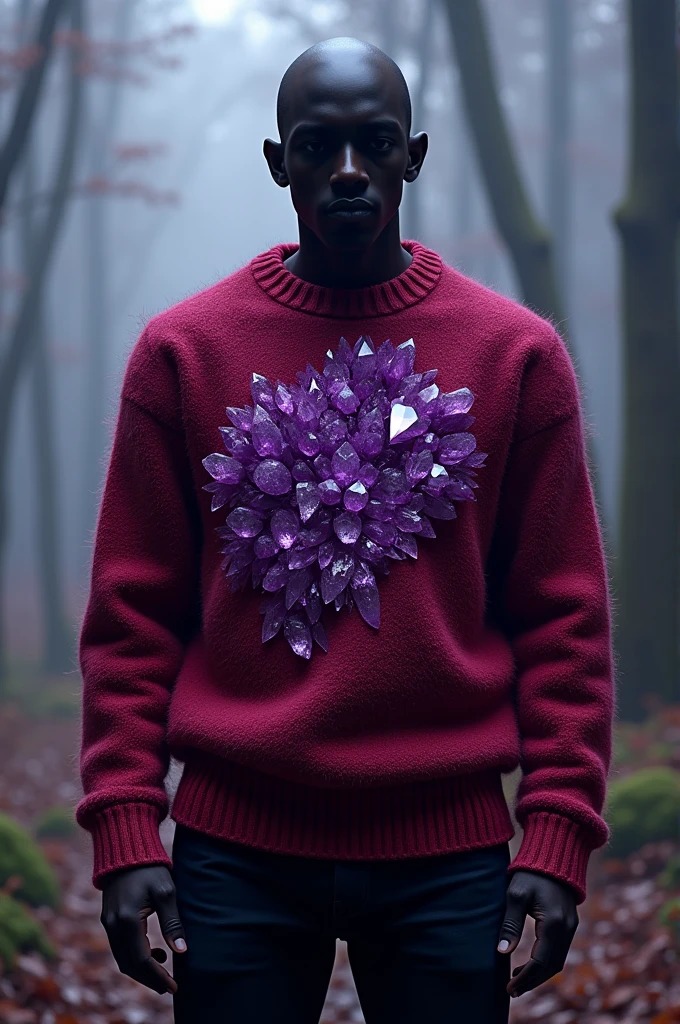 Red sweater with purple crystals around it 