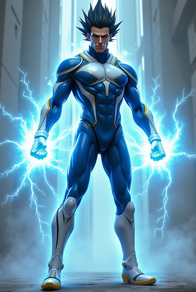 I'd like to draw a muscular man in blue combat gear, emanating energy. No, that's not it. He's releasing energy and shooting rays from his hands. I'd like to draw a slimmer man in a blue and white combat gear, with black hair that stands on end and white boots with yellow toes. He's an elite.、My hair turned blonde and lightning ran all around me