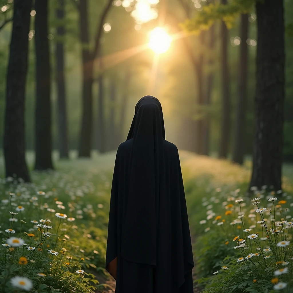 A beautiful young woman is wearing Black Borkkha and looking at the sun. Her face is not visible as the picture is taken from his back. She was in the middle of a beautiful forest where there were many beautiful trees and small white yellow flowers. 