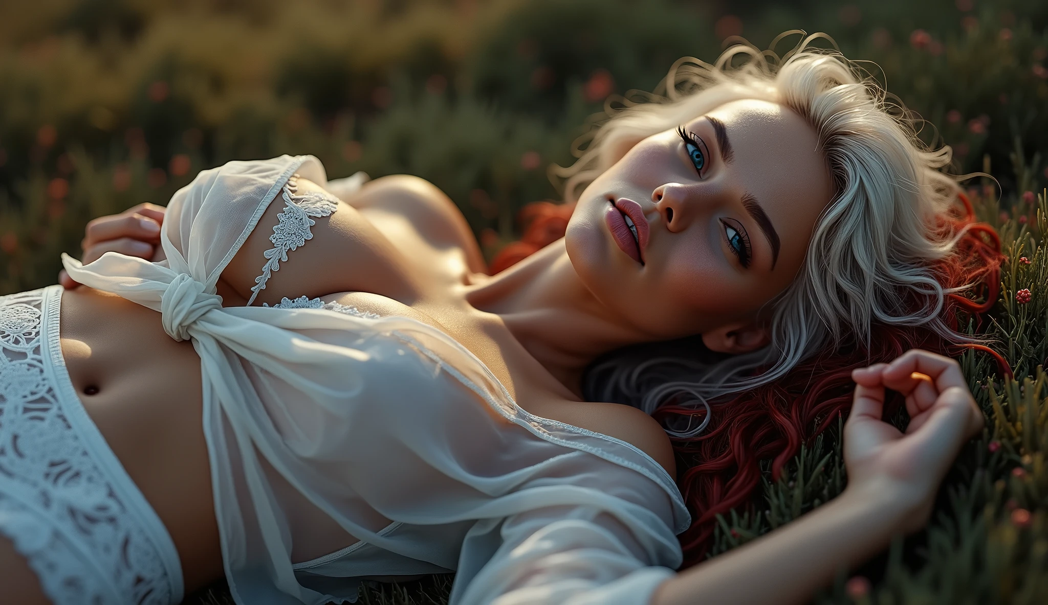 Ultra-realistic 8k CG, masterpiece, ((Ultra detailed background, delicate nature, Intricate details)), best quality, Intricate detailss, Chromatic Aberration, tanned skin, very beautiful girl, lying on grass in a seductive pose, white lace panties, Large-size shirt, reveals nipples in an aroused state, flat breasts, long hair, messy curly hair, white hair, Red highlights, strikingly beautiful blue eyes with sparkles, symmetrical eyes, slightly rose cheeks, Dim Lights, Off-shoulder, Full body, See-through white shirt, masterpiece, best quality, front view