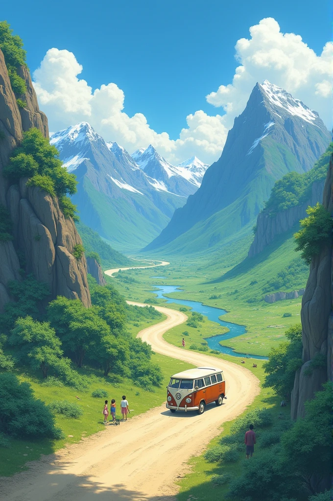 The Ghibli-style image shows an aerial view of a van traveling along a sandy road between tall mountains and a river passing between them..