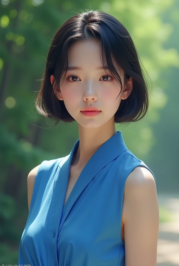 woman,Japan,blue shirt,Sleeveless,realistic details, high resolution,Bokeh,Outstanding details
