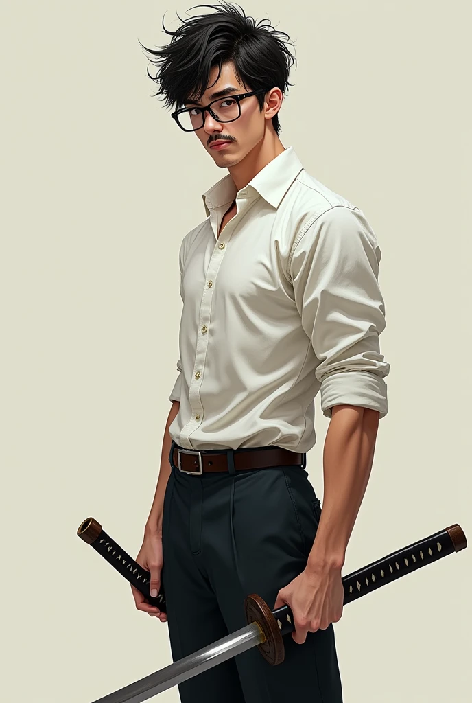 Tall lean man with glasses, young, messy short hair with light mustache, formal white shirt, full body, katana