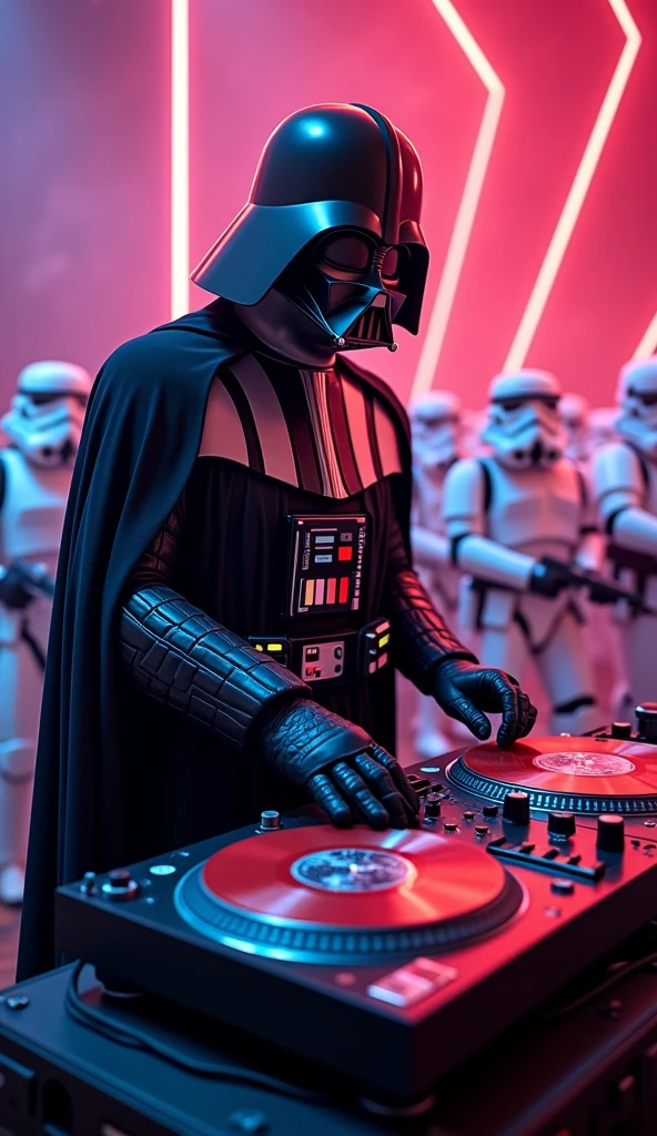 darth vader Djing on record playing Technics record player turntables with starwars picture disc records being played on the technics Sl1210s and a old school 2 channel dj mixer in between lines of marching stormtroopers
