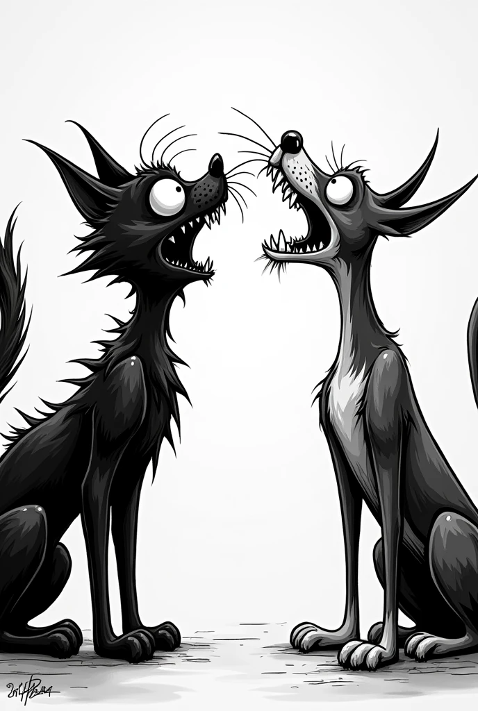 Tim Burton style cartoon of scared bristling cat and dog with mouth open looking up in black and white comic