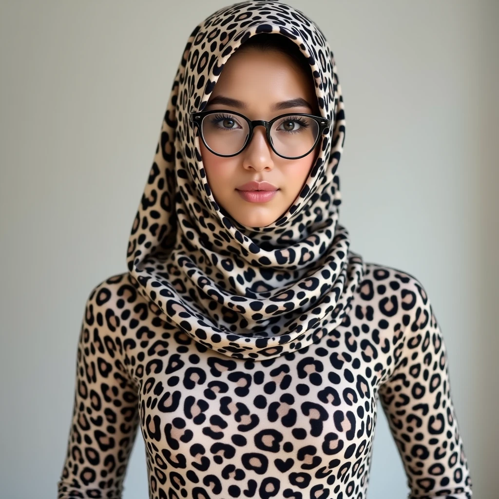 A beautiful Asian Muslimah women with nice cheeks wear zebra+leopard print Lycra turtleneck unitard catsuit and zebra+leopard print Lycra dancewear zentai hood-like hijab that is very stretchy.She must wear a pair of glasses.