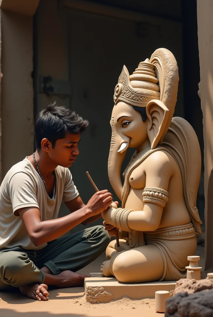 An 18 year old Indian boy is making an big idol of Lord Ganesha with his own hands.