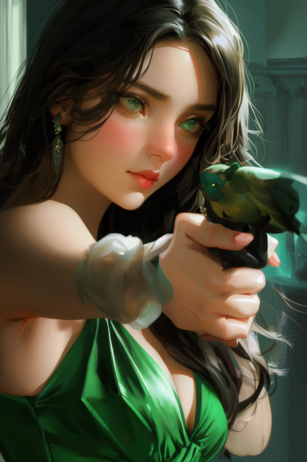 a beautiful girl looks like spy like secreats holding face, attrectative, green dress