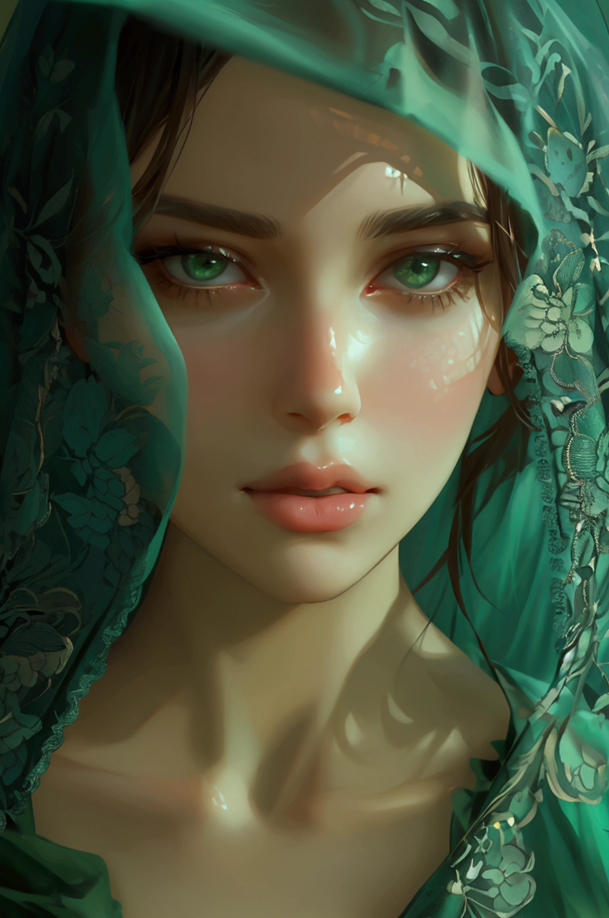 a beautiful girl looks like spy like secreats holding face, attrectative, green dress