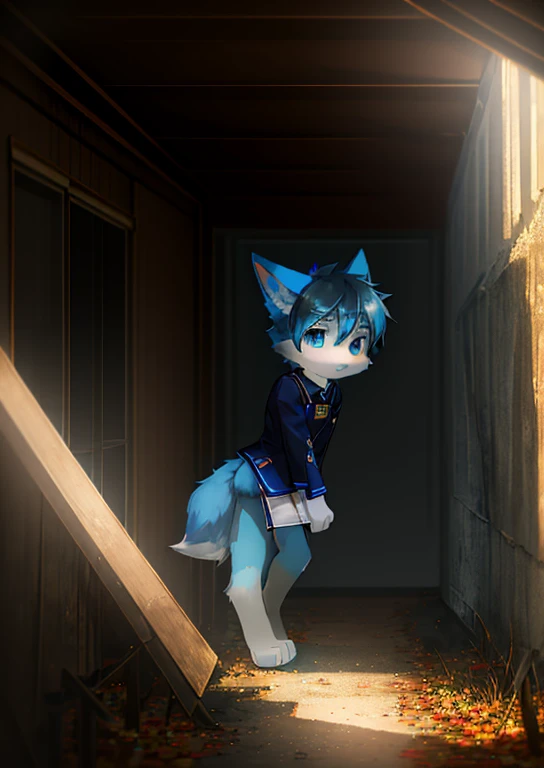 Normal situation (Furry blue fox boy), On the war zone， stand up，Facing the camera， ((Cool， Delicate face, Clear big eyes，Blue eyes，Meticulous attention to detail)),  Natural soft lighting, 8K, sfv, autumn , calm , (Furry Paws), A soldier in uniform