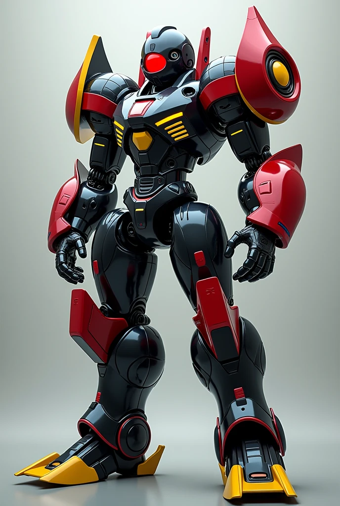 Personnage inspiré d'un robot avec un seul œil couleur rouge est noir large sur sa tête noir avec du rouge clair des bras d'acier avec du jaune est du bleu un corps noir avec du rouge des jambes d'acier avec du noir pour c'est jambe est c'est pied sont jaune clair est un côté pour sont corps qui est fine et métallique avec un côté de combattant dangereux