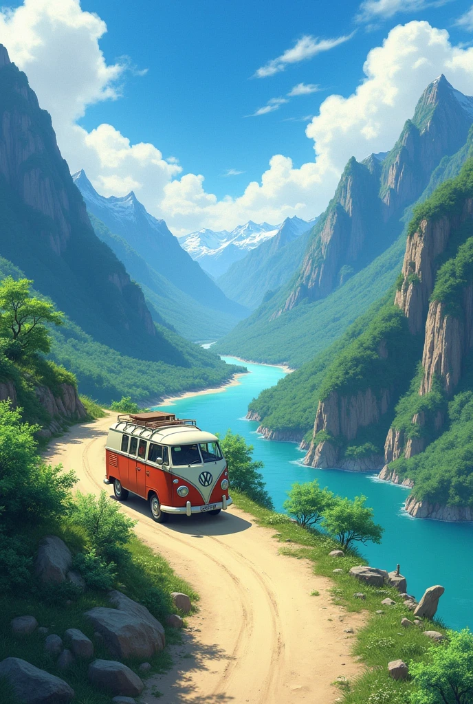 The Ghibli-style image shows an aerial view of a van traveling along a sandy road between tall mountains and a river passing between them.. 