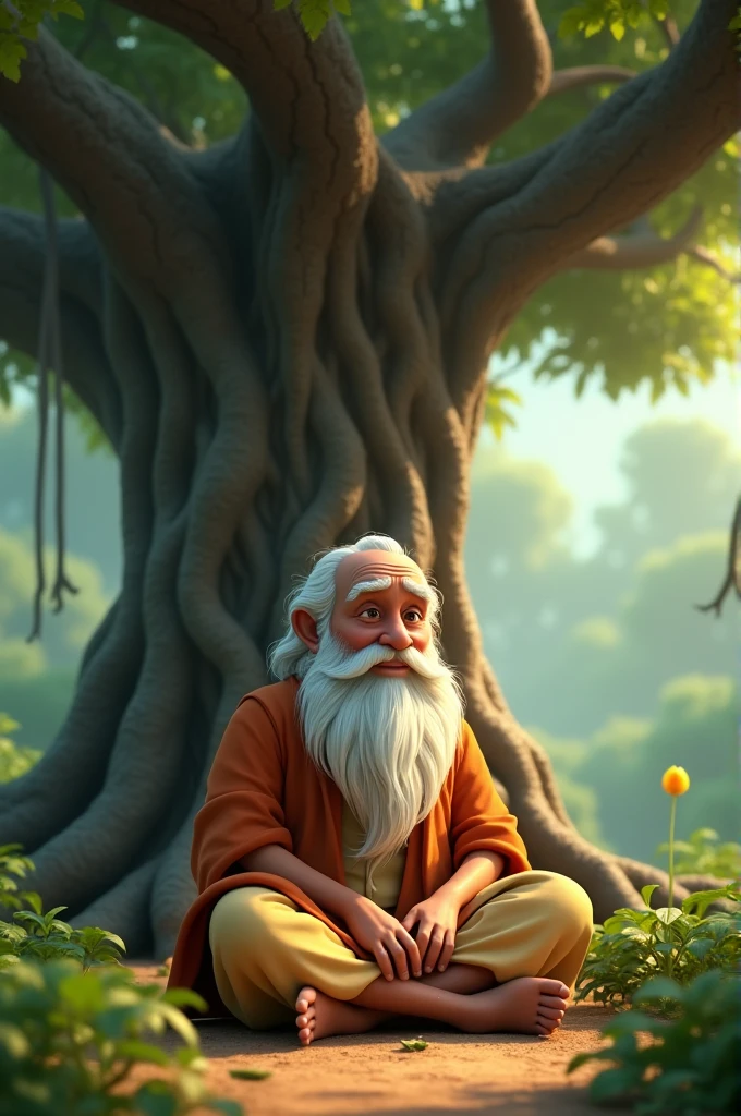 in cinematic 3d cartoon style. An elderly wise man named Haridas, with a long white beard and simple clothing, is sitting under a large banyan tree. He has a calm, serene expression