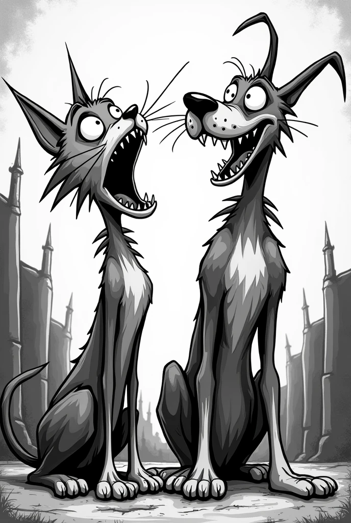  Tim Burton style cartoon of scared bristling cat and dog with mouth open looking up in black and white comic