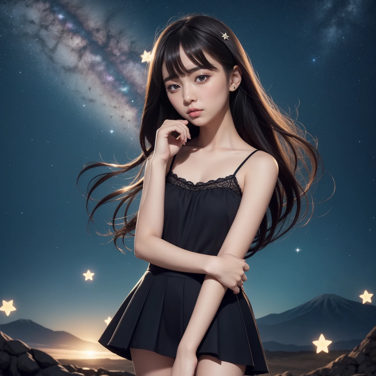 Beautiful images、universe、Fantasy、Shooting start or swarm、Teenage Girl、black eye、Hair length、Starry Sky、Japanese、high school girl、camisole、Fluttering mini skirt、