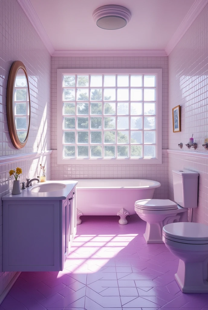 A bathroom with Blass Bock retro style from the 90s in white and purple that looks very retro and with a 90s film filter add many details from that era