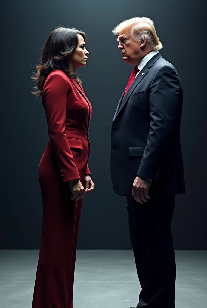 Kamala Harris and Donald Trump staring each other down like boxers