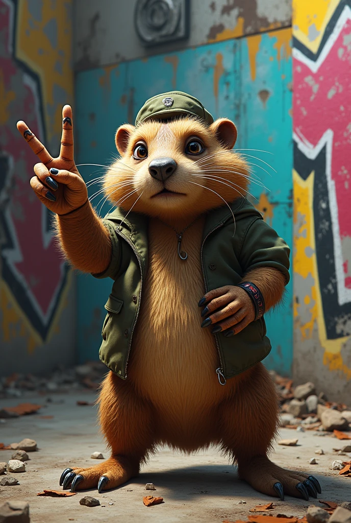 figure, Character Design, Crazy little marmot, Making a gang sign, Mamoth's Thugs, Graffiti style, Very detailed, 2k