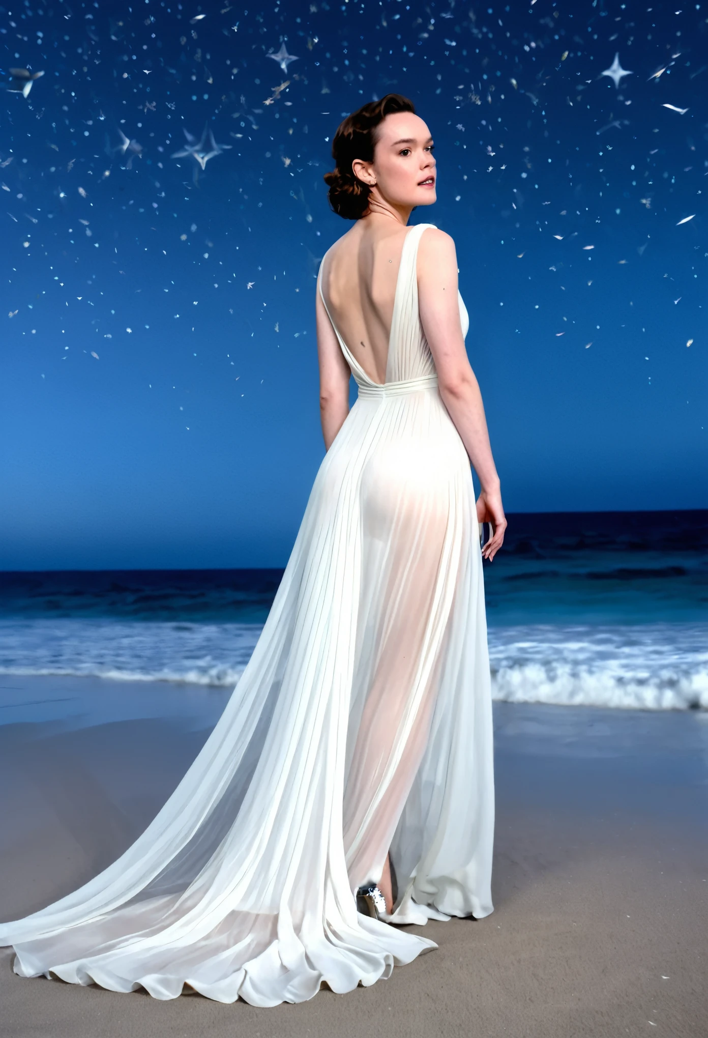 Daisy Ridley (age 25, airy sheer white elegant gown), camera low looking up at her butt and a starry sky, a few tiny space ships fly across the sky, lush ocean world