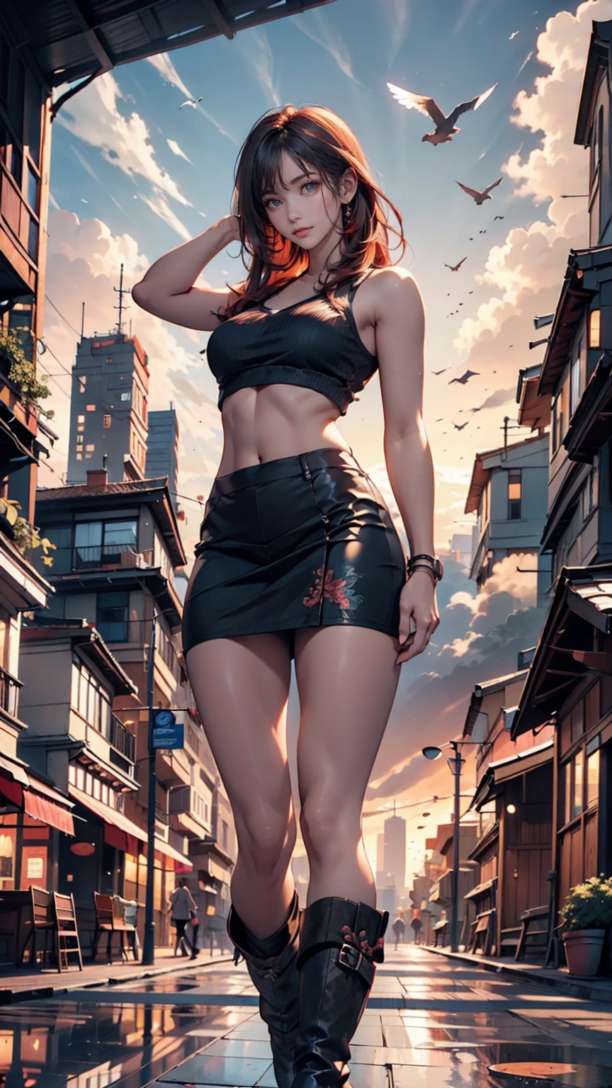 ((Best illustrations)) Brazilian, Redhead, Teenage body, Black Top, Black tight skirt, Black boots, Cityscape, building, Skyline, sunset, Silhouette reflected in the clouds, Contemplative.