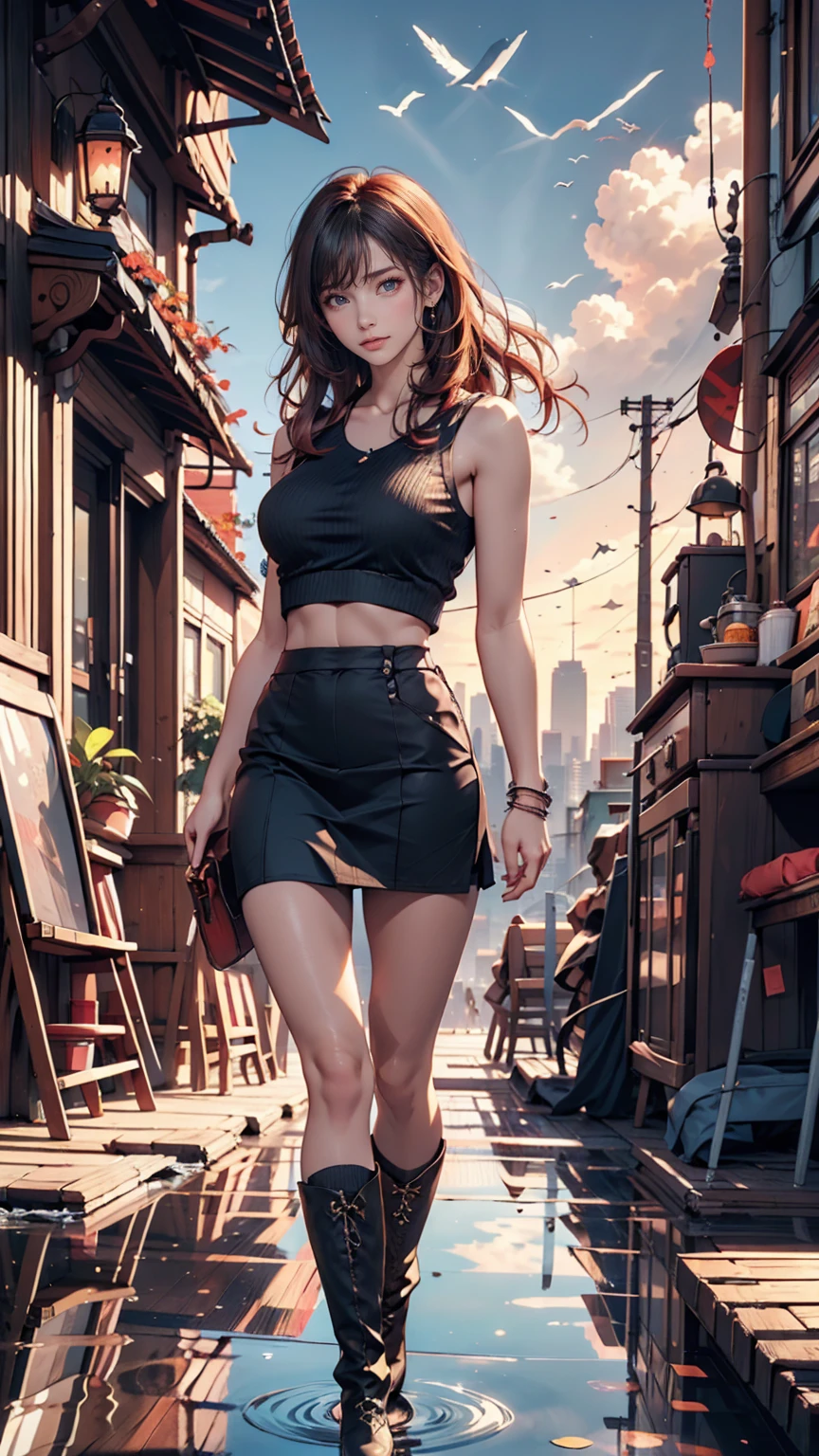 ((Best illustrations)) Brazilian, Redhead, Teenage body, Black Top, Black tight skirt, Black boots, Cityscape, building, Skyline, sunset, Silhouette reflected in the clouds, Contemplative.  