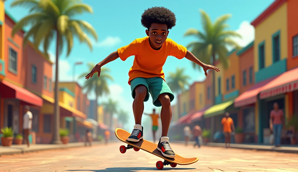 Génère moi une image d'un personnages afro américain de dessin animé 3d qui fait du skateboard dans les rue de lomé, la capital du Togo