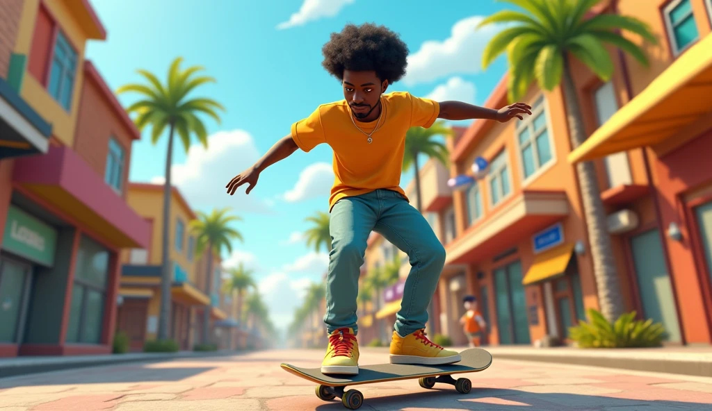 Génère moi une image d'un personnages afro américain de dessin animé 3d qui fait du skateboard dans les rue de lomé, la capital du Togo