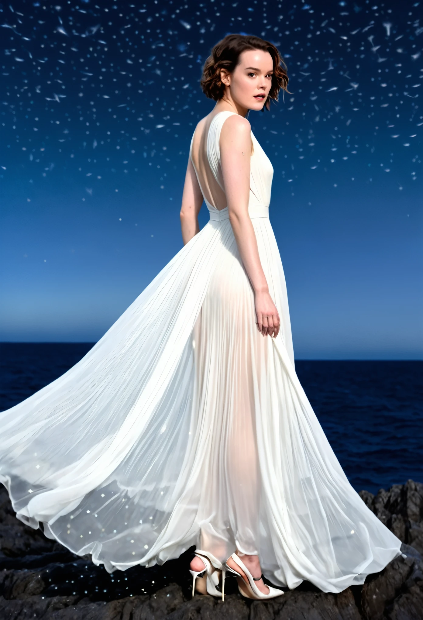 Daisy Ridley (age 25, airy sheer white elegant gown), camera low looking up at her butt and a starry sky, a few tiny space ships fly across the sky, lush ocean world