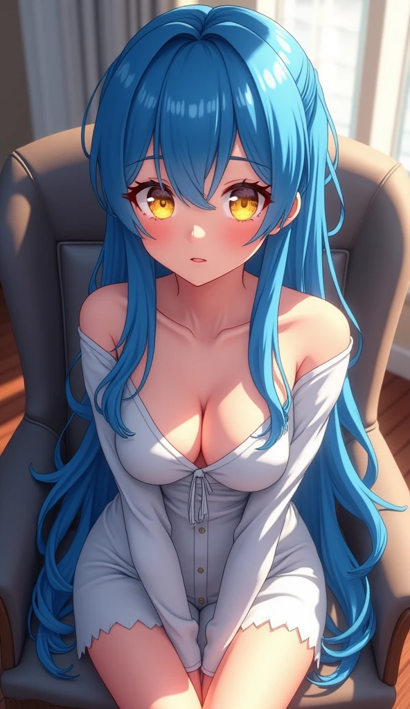 Generated image of a woman with blue hair, with yellow contact lenses in the eyes, medium breasts and sitting on a chair, hyperrealistic anime, realistic young anime girl, Azur. Detailed hair, 3d realistic anime style., Girl with blue hair, full photo of the rimuru storm, photorealistic anime, beautiful blue hair girl, realistic 3d anime, cosplay chica anime, anime girl in real life