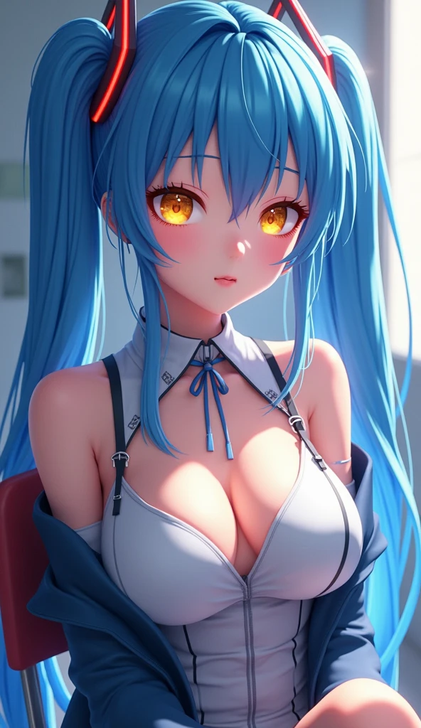 Generated image of a woman with blue hair, with yellow contact lenses in the eyes, medium breasts and sitting on a chair, hyperrealistic anime, realistic young anime girl, Azur. Detailed hair, 3d realistic anime style., Girl with blue hair, full photo of the rimuru storm, photorealistic anime, beautiful blue hair girl, realistic 3d anime, cosplay chica anime, anime girl in real life
