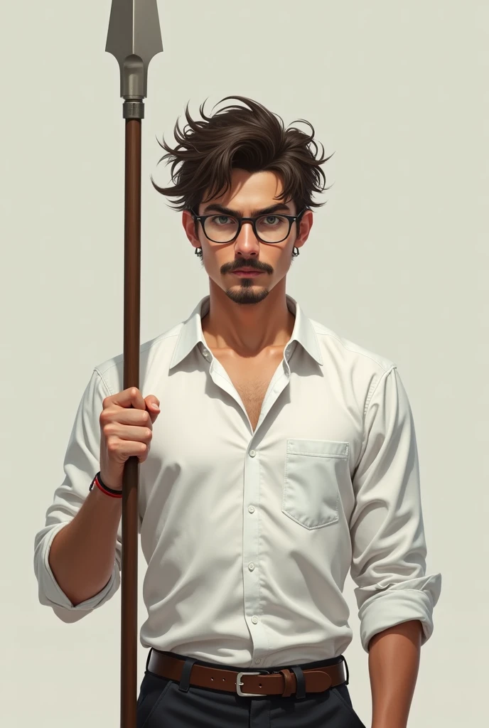 Tall lean man with glasses, young, messy short hair with light mustache, formal white shirt, full body, spear