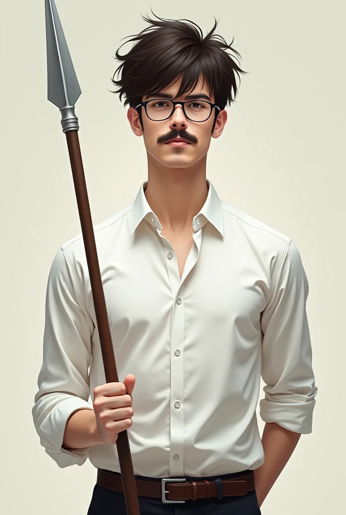 Tall lean man with glasses, young, messy short hair with light mustache, formal white shirt, full body, spear