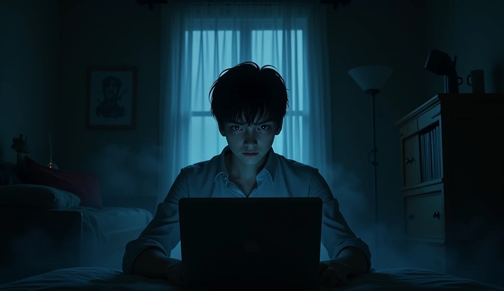 horor, Anime Style, dark atmosphere, Intricate details, Structure of the film, Dramatic Shadows, Mysterious, Creepy, Otherworldly, A calming color palette, chiaroscuro lighting, Ultra-detailed, masterpiece, highest quality, 8k, Realistic, A young man talking online, late at night, the room is dimly lit,