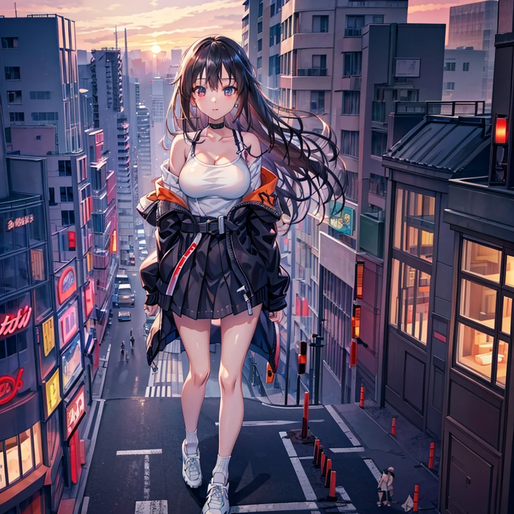 Composition viewed from below ((evening)) ((sunset)) ((sunset)) cumulonimbus masterpiece Anime Style Delicate painting 4K 90's giant plural crowd ((Black Hair)) Metropolis crowd Crowd of people ((A giant Shibuya Rin standing in the valley of a skyscraper district)) Metropolis Tokyo Akihabara Electric Town Big Breasts Sweating profusely Splash sneakers White socks watch Black Hair smile female giant giant girl Whole body Crowd Unreal Engine,cleavage ,a drawing of a , earrings, long hair,Cute picture Beauty Analog style whole body sneakers