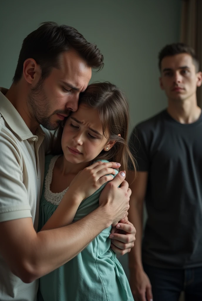 Creates an image of a father assaulting a mother and being watched by a man and a woman. Heartbroken Mother