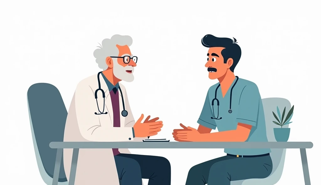 Minimalist UI illustration of An old doctor sat talking to a 30 years old male student in hospital office, in a flat illustration style on a white background with bright color scheme, dribbble, flat vector