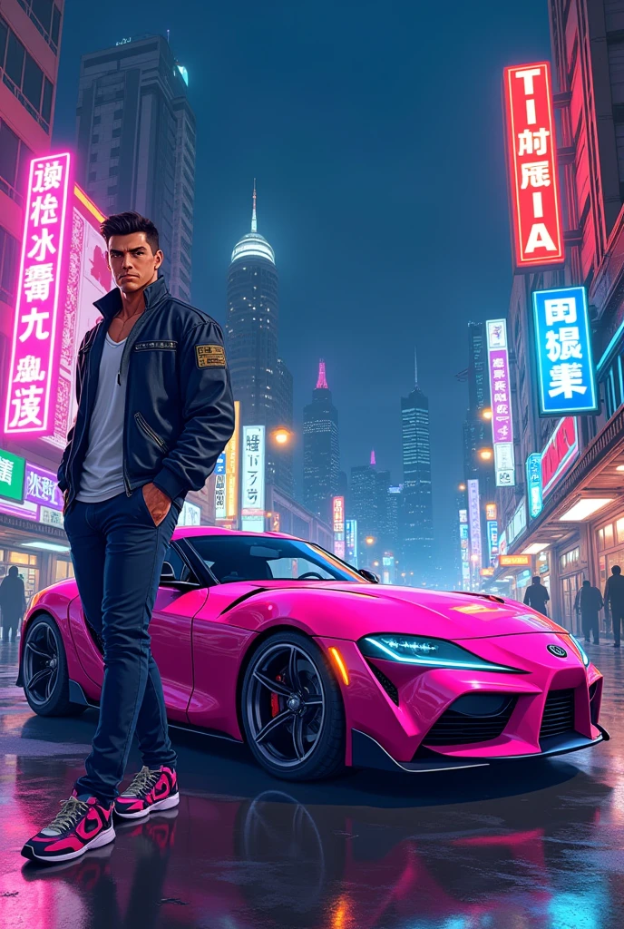 
anime man standing next to a pink sports car in a city, art deco outrun anime aesthestic, kentaro miura art style, miura kentaro style, kentaro miura style, anime style. 8k, gta art style, gta chinatowon art style, outrun art style, 8 0 s anime vibe, kilian eng vibrant colors
