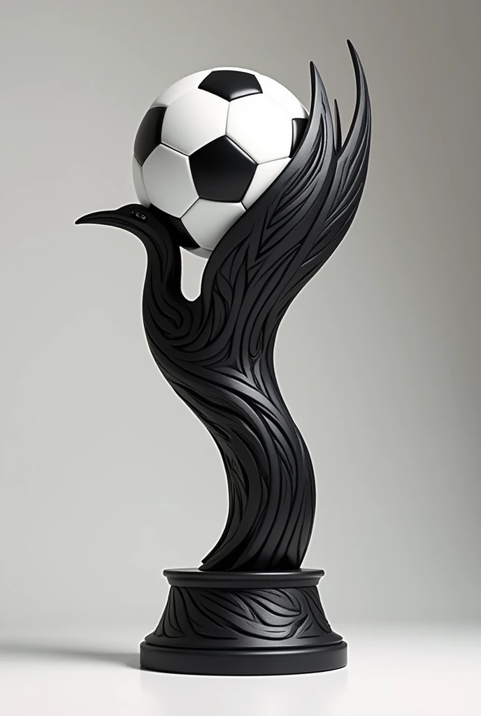 Create a trophie shilloute with engraved tribal motifs with bird of paradise as stand and soccerball on top with shilloute black and white image