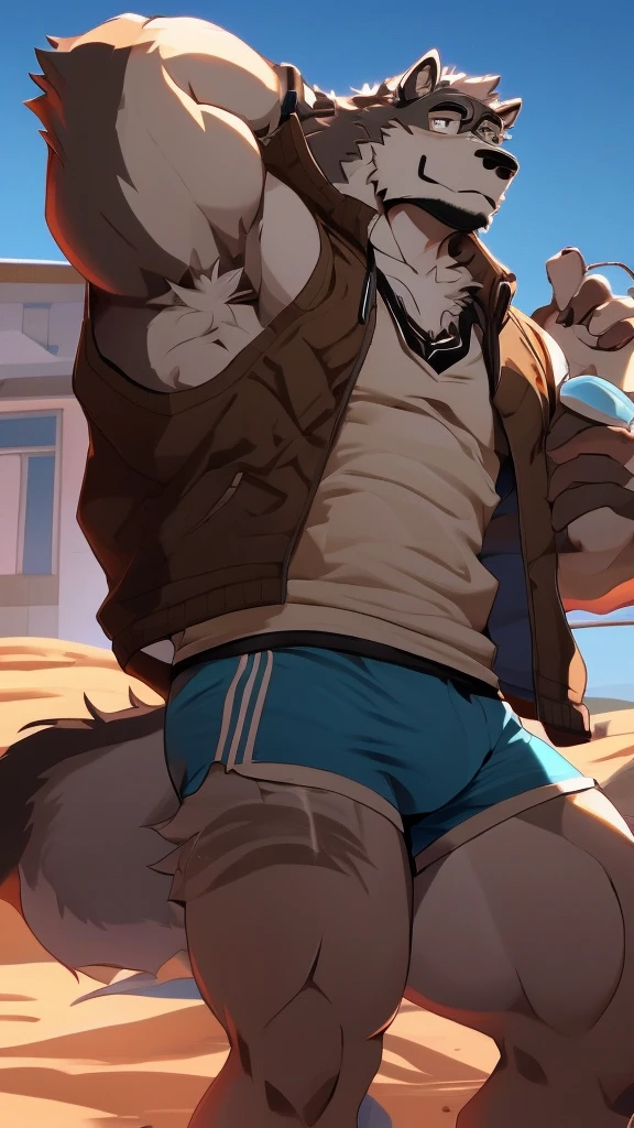 A Muscular Gray Wolf. He wears Only A Brown Jacket And A Blue Shorts. his right hand holding A Laptop And raise his Right hand up And his left hand are behind his back. 