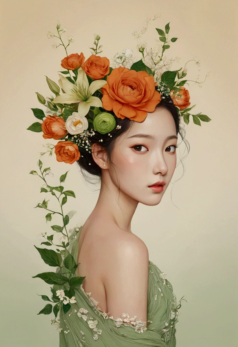 In the style of Victo Ngai, beautiful details,Canvas tote bag design,Simple,modern,advanced,cute,Color blocking,flowers,Taiping Life Insurance Logo,Orange,light green,grid,line,illustration,Vigor,pixar,