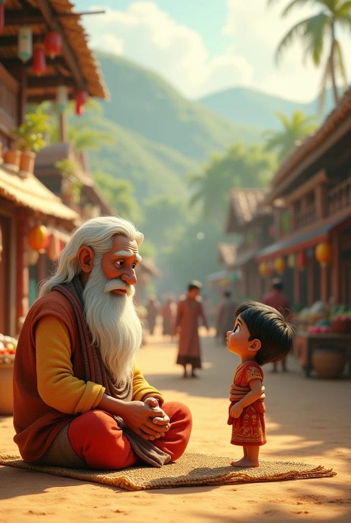 in cinematic 3d cartoon style. The Wise Old Man and Ramu in the Village:**
   A peaceful, traditional Indian village scene. 