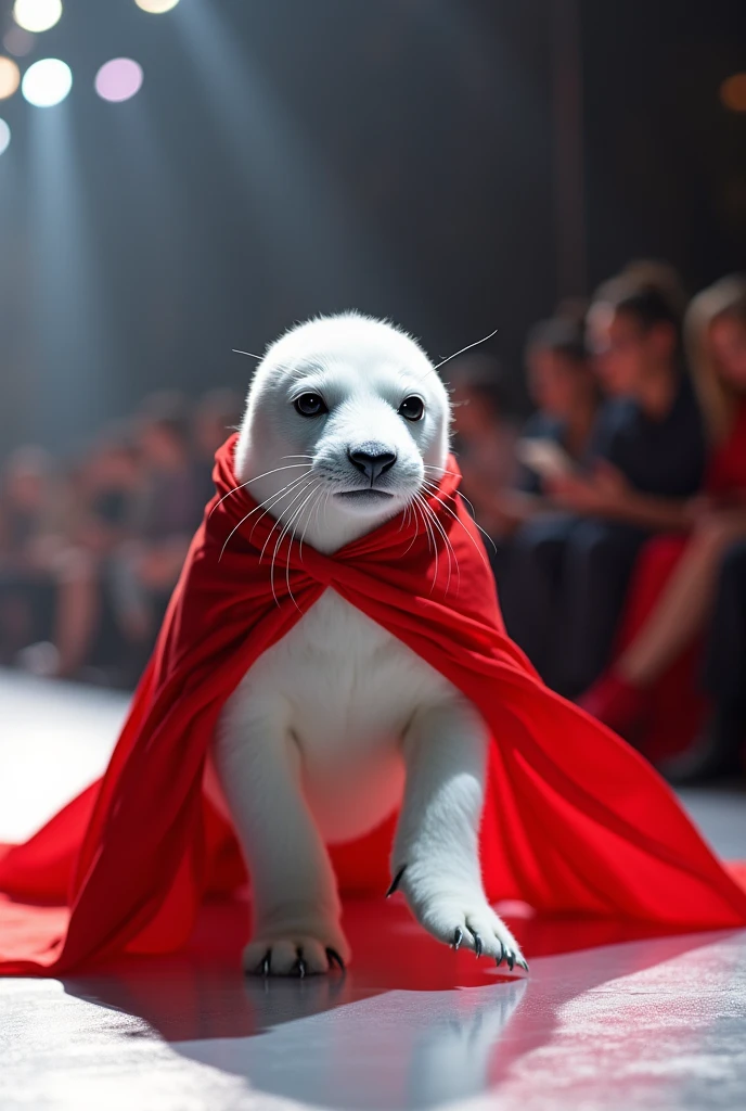 A beautiful white seal wearing red cloth walking down the runaway at a fashion show,