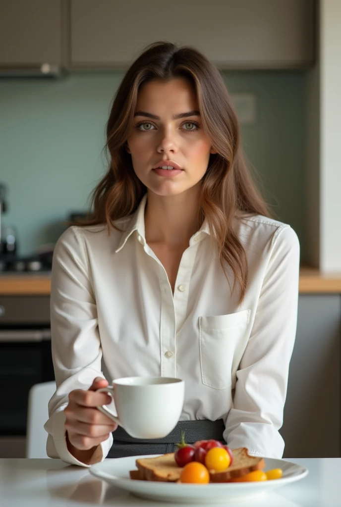 Lara Valentina, 22 years old, (piercing green eyes), is sitting at the kitchen table, enjoying a healthy breakfast. She wears an elegant formal outfit, consisting of a white button-down blouse, slightly fitted to the body, and a gray skirt, creating a professional and sophisticated look. Her light brown hair is loose, caindo suavemente sobre seus ombros. She holds a cup of coffee with a determined and serene expression., while in front of you, on desk, there is a plate with toast and fresh fruit. The soft morning light illuminates the scene, creating a welcoming and productive environment, ready for the start of a new working day.
