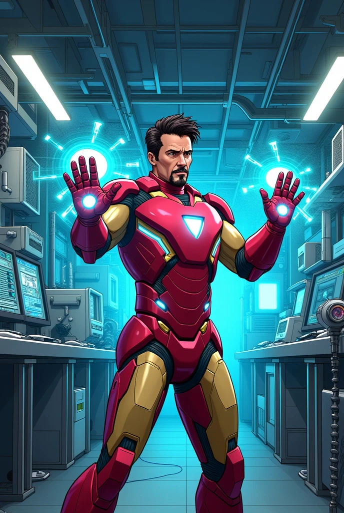 Tony stark working on multiple machines or technologies or say future technologies  in his garage with his multiple artificial intelligence talking genius with all holographic images ,etc, with happy mood with his suit on(armour) as comics with both hands working on machines and computers (gif)